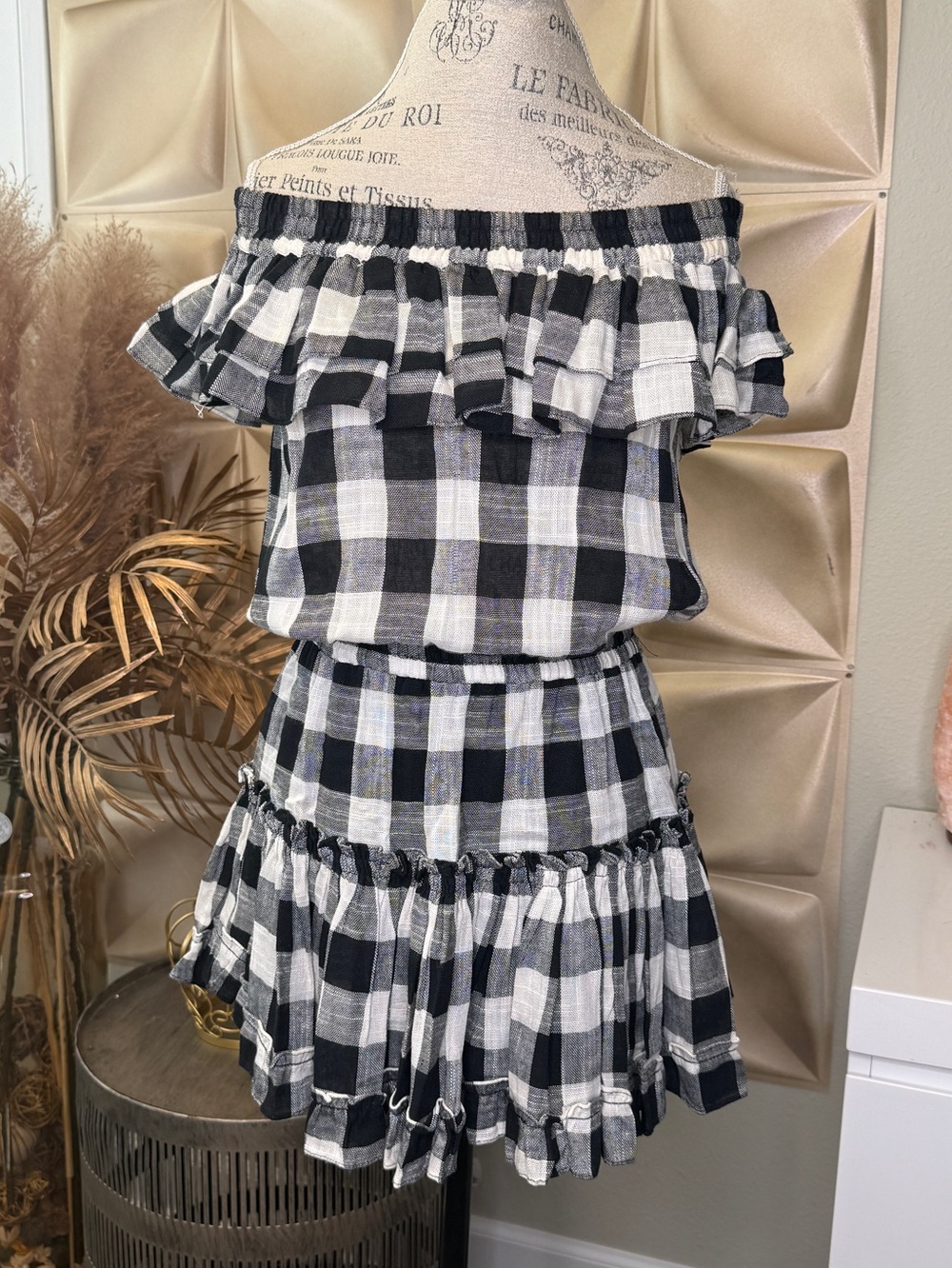 MISA Los Angeles XS Black White Plaid Off Shoulder Ruffle Mini Dress